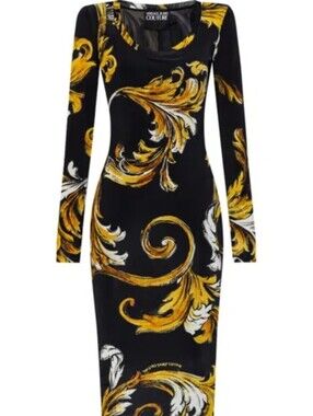 NWT Logo Baroque VERSACE Jeans Couture Barocco Print Midi Dress XS, S, 38, 40